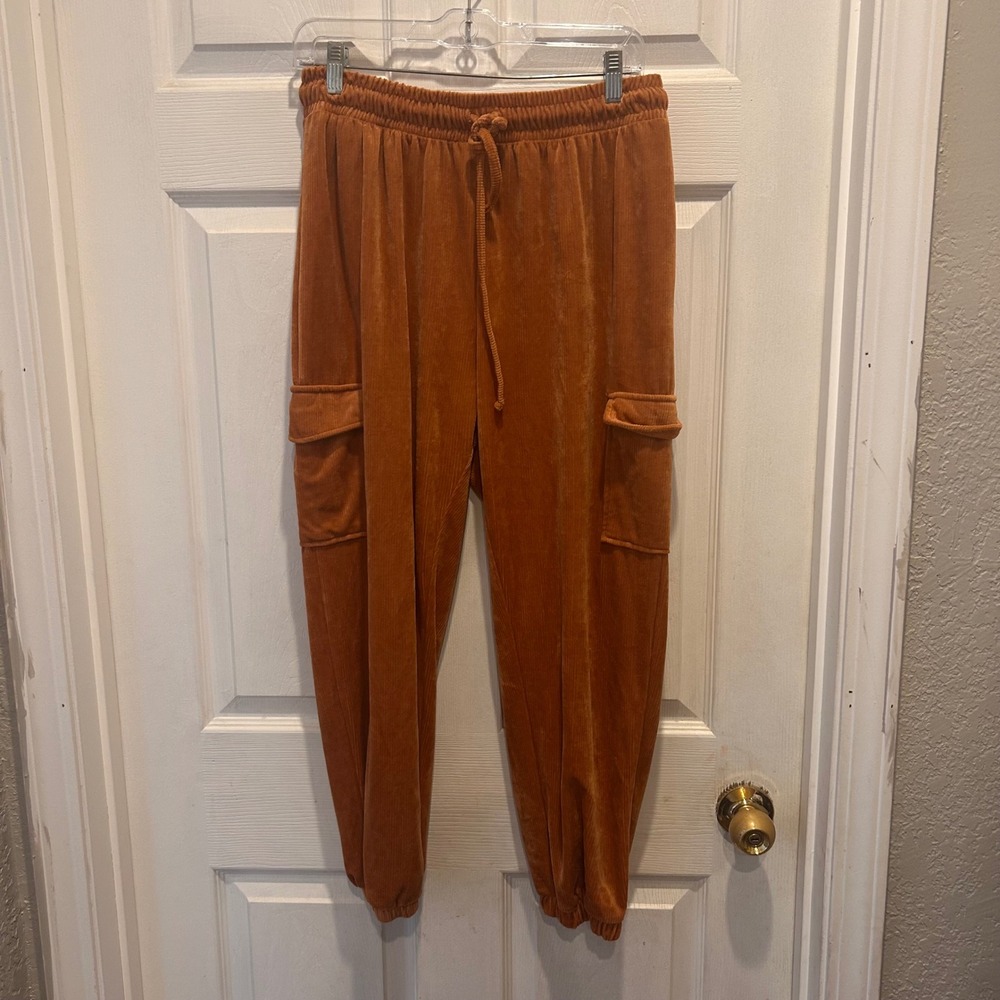 No Comment Womens XL Corduroy‎ Cargo Jogger Pants Orange Drawstring Waist